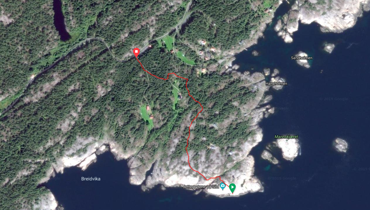 Jettegrytene på Sild. Kart: Google maps